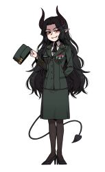  1girl arm_behind_back ascot black_hair breasts buttons commission demon_horns demon_tail hat high_heels highres holding holding_unworn_clothes holding_unworn_hat horns karepack liliara_(senkoin) long_hair looking_to_the_side medal military_hat military_uniform original pantyhose pointy_ears red_eyes shirt skirt smile tail unworn_hat unworn_headwear very_long_hair wavy_hair white_background white_shirt 