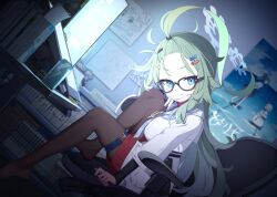  1girl ahoge bangs_pinned_back belt black-framed_eyewear blue_archive blue_eyes blue_halo blurry blurry_background blush book bookshelf breasts brown_pantyhose can chair closed_mouth dark depth_of_field desk drawing_tablet dress dutch_angle energy_drink forehead from_side game_asset glasses gradient_halo green_hair hair_ornament hairclip halo highres holding holding_pen huge_ahoge indoors knee_up large_breasts long_hair long_sleeves looking_at_viewer mask mask_pull meru_(blue_archive) messy_hair messy_room monitor mouth_mask mouth_mask_under_chin multicolored_halo multiple_hairclips no_shoes non-web_source office_chair official_art on_chair otaku_room pantyhose paper pen red_sweater round_eyewear sailor_collar self-datamine sitting smile solo stylus sweater swivel_chair thigh_belt thigh_strap very_long_hair vignetting white_dress white_sailor_collar yutokamizu 