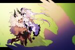  1boy 1girl asterios_(fate) ball_and_chain_restraint bird black_hairband black_horns black_sclera colored_sclera dress euryale_(fate) fate/grand_order fate_(series) from_above hairband highres horns lolita_hairband looking_up mane open_mouth red_eyes scar scar_on_arm scar_on_leg sitting_on_shoulder teeth tetsu_(teppei) twintails white_dress white_hair 