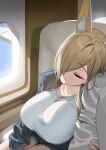  1girl 1other absurdres airplane_interior animal_ear_fluff animal_ears black_jacket blonde_hair blue_archive breasts closed_eyes closed_mouth commentary espresso_1004 hair_over_one_eye highres jacket kanna_(blue_archive) large_breasts long_hair long_sleeves shirt sitting sleeping symbol-only_commentary white_shirt window 