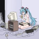  1girl 1other aqua_hair barefoot breasts can cigarette computer hair_between_eyes hatsune_miku headphones indoors monitor open_mouth solo truffleduster vocaloid when_you_see_it 