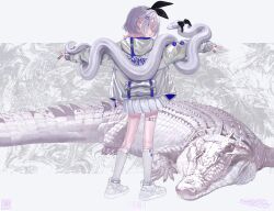  absurdres albino alligator barcode black_ribbon bomber_jacket crocodile crocodilian from_behind hair_ribbon highres jacket jewelry leather leather_jacket leg_belt looking_at_viewer looking_back multiple_rings original outstretched_arms python ribbon ring scales shoes signature skirt snake socks spread_arms thimble v violet_eyes white_eyes white_hair white_jacket white_shoes white_skirt white_socks zhayoulu 