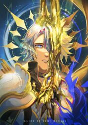  1boy armor artist_name belt black_belt black_choker black_shirt blonde_hair blood blood_from_eyes blue_background blue_eyes chest_belt choker coat colored_blood cropped_torso crying crying_with_eyes_open dawnmaker_(honkai:_star_rail) grey_hair hair_between_eyes halo halo_behind_head hand_up highres holding holding_sword holding_weapon honkai:_star_rail honkai_(series) lips long_sleeves looking_at_viewer male_focus multicolored_hair one_eye_covered phainon_(honkai:_star_rail) phainon_(khaslana)_(honkai:_star_rail) shirt short_hair shoulder_armor solo sun_symbol sword tears teeth two-tone_hair upper_body weapon white_coat yellow_blood yellow_halo yeniihuenii 