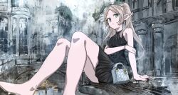  1girl arm_support bag black_dress bracelet commentary dress elf expressionless fashion frieren green_eyes grey_bag highres jewelry long_hair looking_at_viewer pointy_ears sitting solo sousou_no_frieren striped_clothes striped_dress t.k.c twintails untranslatable_commentary white_hair 