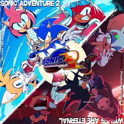  3girls 5boys absurdres amy_rose artist_collaboration blue_sky copyright_name dr._eggman earth_(planet) english_text eyewear_on_head facial_hair fang furry furry_female furry_male gloves hedgehog_boy hedgehog_girl highres knuckles_the_echidna logo maria_robotnik multiple_boys multiple_girls mustache open_mouth planet rouge_the_bat scouter scrimblocrimbo shadow_the_hedgehog sky sonic_(series) sonic_adventure_2 sonic_the_hedgehog space spiked_knuckles split_theme tails_(sonic) tears trizziefrizzie white_gloves wide_mouth 