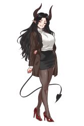  1girl arms_behind_back black_hair black_skirt blazer breasts brown_jacket commission commissioner_upload demon_girl demon_horns demon_tail grey_nagato head_tilt heart high_heels highres horns jacket large_breasts liliara_(senkoin) long_hair long_legs looking_to_the_side miniskirt non-web_source open_clothes open_jacket original pantyhose pencil_skirt pointy_ears red_eyes red_shoes ribbed_sweater shoes skirt smile solo solo_focus sweater tail transparent_background turtleneck turtleneck_sweater wavy_hair white_sweater 
