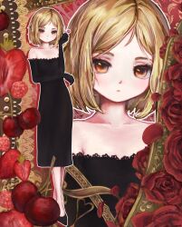  1girl bare_shoulders black_dress black_gloves blonde_hair cherry collarbone dress flower food frilled_dress frills fruit gloved_sleeves gloves heart highres kneepaw lambdadelta long_sleeves looking_at_viewer medium_hair off-shoulder_dress off_shoulder projected_inset red_flower red_lips red_rose rose solo strawberry umineko_no_naku_koro_ni yellow_eyes 