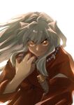  1boy absurdres animal_ears brown_eyes closed_mouth dog_ears hair_between_eyes highres inuyasha inuyasha_(character) japanese_clothes jewelry kayo1102 kimono long_hair long_sleeves looking_at_viewer male_focus necklace red_kimono sidelocks smile solo sword weapon white_background white_hair 