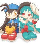 2boys amber_graygamma animal_ears animal_nose blue_headwear blue_shirt closed_mouth eye_contact furry furry_male gloves grabbing_another&#039;s_ear hand_on_another&#039;s_ear hat highres kaze_no_klonoa king_of_sorrow klonoa knees_up looking_at_another multiple_boys rabbit_boy rabbit_ears red_eyes red_footwear shadow shirt short_sleeves simple_background sitting smile white_background yellow_eyes yellow_gloves zipper_pull_tab 