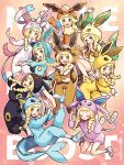  6+girls :d :o blonde_hair blunt_bangs blush braid commentary_request cosplay eevee eevee_(cosplay) espeon espeon_(cosplay) eyelashes flareon flareon_(cosplay) glaceon glaceon_(cosplay) green_eyes hands_up highres index_fingers_raised jolteon jolteon_(cosplay) kinocopro leafeon leafeon_(cosplay) lillie_(pokemon) long_hair looking_at_viewer multiple_girls onesie open_mouth outline own_hands_together pokemon pokemon_(game) pokemon_ears pokemon_sm pokemon_tail shoes smile sylveon sylveon_(cosplay) tail twin_braids twitter_username umbreon umbreon_(cosplay) vaporeon vaporeon_(cosplay) z-move_trainer_pose 