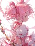  1girl bow commentary commentary_request dress hair_bow highres holding holding_weapon kaname_madoka mahou_shoujo_madoka_magica pink_dress pink_eyes pink_hair solo tarte_(hodarake) weapon white_background 