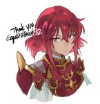 1girl armor breastplate closed_mouth commission english_commentary eyelashes fire_emblem fire_emblem:_mystery_of_the_emblem gold_trim hair_between_eyes medium_hair minerva_(fire_emblem) misokatsuhaumai red_eyes redhead shoulder_armor solo thank_you upper_body white_background 