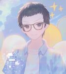  1boy black_hair blue_shirt blue_sky closed_mouth clouds glasses highres jen03426859 looking_at_viewer male_focus original outdoors shirt short_hair sky smile solo sparkle very_short_hair white_shirt 