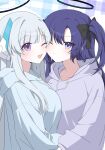  2girls blue_archive blue_hoodie blush breasts grey_hair halo highres hood hoodie large_breasts long_hair long_sleeves mechanical_halo multiple_girls noa_(blue_archive) one_eye_closed open_mouth purple_hair purple_hoodie seno_(senohime) smile violet_eyes yuuka_(blue_archive) 