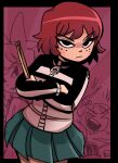  1girl absurdres black_eyes bob_cut closed_mouth crossed_arms drumsticks freckles frown highres holding holding_drumsticks jacket kim_pine looking_at_viewer multicolored_clothes multicolored_jacket peargor redhead scott_pilgrim_(series) short_hair skirt solo two-tone_jacket zipper_pull_tab 