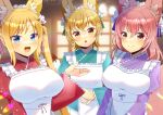  3girls :d :o animal_ear_fluff animal_ears apron blonde_hair blue_eyes blue_kimono blurry blurry_background blush breasts brown_eyes closed_mouth commentary_request commission depth_of_field frilled_apron frills hair_between_eyes indoors japanese_clothes juliet_sleeves kimono kou_hiyoyo large_breasts long_hair long_sleeves looking_at_viewer multiple_girls original parted_lips pink_hair puffy_sleeves purple_kimono red_kimono skeb_commission small_breasts smile tail twintails very_long_hair white_apron wide_sleeves window 