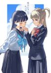  2girls akebi-chan_no_serafuku akebi_komichi black_hair black_shirt black_skirt blonde_hair blue_neckerchief border bow bowtie closed_eyes clouds collared_shirt film_grain hand_up highres kiss kissing_hand kizaki_erika long_eyelashes long_hair long_sleeves looking_at_another multiple_girls neckerchief pleated_skirt red_bow red_bowtie sailor_collar school_uniform serafuku shirt skirt sky standing tss-mire two_side_up violet_eyes white_border white_serafuku yuri 