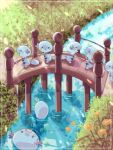  :d afloat animal_focus blue_skin border bridge closed_eyes colored_skin commentary_request flower grass hanabusaoekaki highres no_humans open_mouth pokemon pokemon_(creature) ripples smile solid_circle_eyes tail water white_border wooden_bridge wooper 
