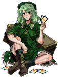  1girl absurdres blush boots box breasts camouflage card commentary cup full_body green_eyes green_hair hair_between_eyes hand_up highres holding holding_card knee_up kuya_(hey36253625) large_breasts long_hair playing_card sitting smile solo touhou yamashiro_takane 