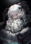  1girl absurdres black_bow bow chair child chromatic_aberration closed_eyes dress expressionless hair_bow highres holding holding_stuffed_toy on_chair original silk sitting solo spider_web stuffed_animal stuffed_toy teddy_bear tito_(osakanakana0_0) white_dress white_hair 