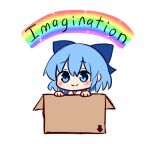  1girl blue_bow blue_hair bow box cardboard cirno commentary english_commentary ferdy&#039;s_lab hair_bow rainbow short_hair simple_background solo touhou white_background 