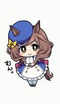  1girl :&gt; animal_ears belt blue_dress blue_headwear blush_stickers bow brown_belt brown_hair buttons cabbie_hat chibi clenched_hands closed_mouth commentary_request double-breasted dress ear_bow ears_through_headwear frilled_dress frills full_body gloves hat highres horse_ears horse_girl horse_tail matikane_tannhauser_(umamusume) multicolored_hair simoyuki simple_background smile solo streaked_hair tail thigh-highs umamusume white_background white_dress white_gloves white_thighhighs yellow_bow yellow_eyes 