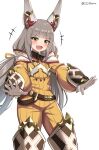  +++ 1girl :d animal_ear_fluff animal_ears blush brown_eyes commentary english_commentary fang feet_out_of_frame gloves grey_hair highres jumpsuit long_hair long_sleeves looking_at_viewer low_twintails namu_(112namu) nia_(xenoblade) outstretched_arms puffy_long_sleeves puffy_sleeves simple_background smile solo standing twintails twitter_username very_long_hair white_background white_gloves xenoblade_chronicles_(series) xenoblade_chronicles_2 yellow_jumpsuit 