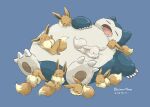  :3 :d alternate_color blue_background claws closed_eyes commentary copyright_name ears_down eevee fangs highres lying no_humans on_back open_mouth pokemon pokemon_(creature) pokemon_(game) pokemon_sleep shiny_pokemon simple_background sleeping smile snorlax symbol-only_commentary volpecorvo 