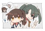  4girls ? akagi_(kancolle) alternate_hairstyle blush brown_hair bunny_ears_prank chibi double_v green_eyes green_hair hair_between_eyes hair_ribbon ina_(1813576) japanese_clothes kaga_(kancolle) kantai_collection medium_hair multiple_girls ribbon shoukaku_(kancolle) side_ponytail spoken_question_mark tasuki triangle_mouth twintails v white_hair yellow_eyes zuikaku_(kancolle) 