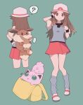  ... 1girl 343rone ? absurdres backpack bag black_wristband blue_shirt blue_socks brown_bag brown_eyes brown_hair character_bag commentary_request eevee from_behind green_background hair_flaps hand_in_own_hair hat highres igglybuff in_bag in_container jigglypuff leaf_(pokemon) long_hair looking_at_viewer loose_socks messenger_bag miniskirt multiple_views pleated_skirt pokemon pokemon_(creature) pokemon_(game) pokemon_frlg red_skirt shirt shoulder_bag skirt socks solo_focus spoken_question_mark standing white_footwear white_headwear yellow_bag 