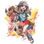  2girls :d ayo_(ayosanri009) brown_eyes brown_hair bucket_hat commentary_request eevee elaine_(pokemon) eyelashes green_shorts hair_flaps hand_up hat highres leaf_(pokemon) long_hair loose_socks multiple_girls on_head open_mouth pleated_skirt pokemon pokemon_(creature) pokemon_(game) pokemon_frlg pokemon_lgpe pokemon_on_head shirt shoes shorts sidelocks skirt sleeveless sleeveless_shirt smile socks vs_seeker white_footwear white_headwear yellow_bag 