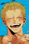  1boy :d ^_^ alcohol beer blush closed_eyes green_hair happy happy_birthday highres laughing male_focus namakemono_hina one_piece portrait roronoa_zoro scar scar_across_eye short_hair smile solo 