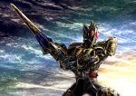 1boy armor blay_buckle blay_rouzer commentary_request compound_eyes feet_out_of_frame gold_armor kamen_rider kamen_rider_blade kamen_rider_blade_(king_form) kamen_rider_blade_(series) looking_ahead masukudo_(hamamoto_hikaru) multicolored_sky outdoors red_eyes rider_belt sky solo sword tokusatsu weapon