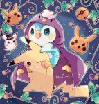  animal_focus artist_name balloon bird blue_background clenched_teeth cloak colored_skin commentary_request drifloon halloween halloween_costume hanabusaoekaki hat highres hood hooded_cloak jack-o&#039;-lantern leaf no_humans one_eye_closed open_mouth penguin pikachu piplup poke_ball_symbol pokemon pokemon_(creature) purple_cloak tail teeth top_hat v-shaped_eyebrows yellow_skin 