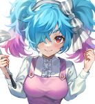  1girl absurdres apron blue_hair breasts fire_emblem fire_emblem_fates gradient_hair hair_over_one_eye highres holding holding_ladle jurge ladle large_breasts looking_at_viewer multicolored_hair peri_(fire_emblem) pink_apron pink_hair red_eyes twintails 