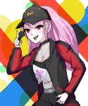  1girl absurdres highres hololive hololive_english long_hair looking_at_viewer mori_calliope mori_calliope_(streetwear) nail_polish non-web_source official_alternate_costume pink_hair rapping red_eyes red_nails simple_background sketch solo 