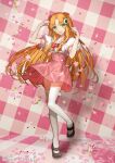  1girl amiami_(company) amico black_footwear breasts clenched_hands flower full_body green_eyes hair_ornament highres long_hair looking_at_viewer mary_janes official_art open_mouth orange_hair petals pink_flower pink_skirt puffy_short_sleeves puffy_sleeves shirt shoes short_sleeves simple_background skirt solo standing suspender_skirt suspenders thigh-highs two_side_up very_long_hair wada_arco white_shirt white_thighhighs 