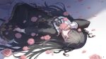  1girl 34341211 absurdres arcaea black_dress black_hair black_ribbon blue_eyes dress expressionless flower frilled_dress frills highres holding holding_flower long_sleeves lying on_back pink_flower ribbon rose solo tairitsu_(arcaea) 