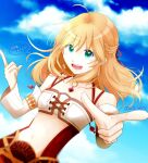  1girl blonde_hair clouds commentary_request dlllll_lllllb fiora_(xenoblade) green_eyes hair_ribbon highres long_hair looking_at_viewer navel open_mouth ribbon smile solo xenoblade_chronicles_(series) xenoblade_chronicles_1 