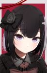  1girl alternate_costume black_bow black_dress black_hair blue_archive blush bow closed_mouth dress gothic_lolita hair_bow halo highres lolita_fashion looking_at_viewer mashiro_(blue_archive) morotake portrait red_halo short_hair solo violet_eyes 