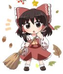 1girl bare_shoulders black_eyes black_footwear black_hair blush bow broom detached_sleeves full_body hair_between_eyes hair_bow hair_tubes hakurei_reimu highres holding holding_broom japanese_clothes leaf long_hair nontraditional_miko open_mouth red_bow red_skirt ribbon-trimmed_sleeves ribbon_trim rokugou_daisuke shoes sidelocks signature skirt socks solo touhou white_socks wide_sleeves 