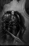  1boy argel_tal armor artist_name bald deviantart_username dual_wielding greyscale holding holding_sword holding_weapon imperium_of_man looking_at_viewer monochrome ornate ornate_armor pauldrons power_armor purity_seal shoulder_armor silhouette skull skull_ornament solo space_marine sword twin_blades veronica_anrathi warhammer_40k weapon web_address word_bearers 