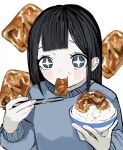  +_+ 1girl black_hair blue_eyes blue_sweater blunt_bangs blush bowl chopsticks donburi eating fingernails food food_in_mouth highres holding holding_bowl holding_chopsticks holding_food long_hair long_sleeves looking_at_viewer original rice sidelocks simple_background solo straight_hair sweater upper_body urokogaran white_background 