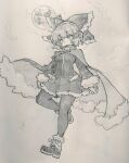  1girl absurdres alternate_costume bow cape carbohydrate_(asta4282) commentary_request earmuffs full_body fur_trim greyscale hair_bow highres looking_at_viewer monochrome sekibanki short_hair sketch touhou traditional_media winter_clothes 