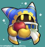  1boy apple commentary_request dated demerin disembodied_limb food fruit gloves green_background holding holding_food holding_fruit kirby_(series) magolor male_focus signature solid_oval_eyes solo star_(symbol) yellow_eyes yellow_gloves 