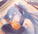  1girl blue_hair closed_eyes detached_sleeves flower hair_ornament hatsune_miku highres lying number_tattoo on_side sleeping solo tattoo twintails vocaloid white_flower yi_ren_fen_mu 