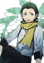  1boy antenna_hair black_hair black_pants blue_eyes commentary_request crossed_legs isa_(peien516) male_focus mochizuki_ryouji mole mole_under_eye open_mouth pants persona persona_3 scarf shirt short_hair sitting solo teeth white_shirt yellow_scarf 