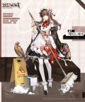  1girl 1other apron bird broom brown_hair bucket bucket_of_water english_text falcon falcon_(girls&#039;_frontline) floral_print food-themed_hair_ornament frills girls_frontline hair_ornament highres holding holding_broom korean_text maid maid_apron maid_headdress official_alternate_costume official_art pantyhose red_eyes shoes sign skirt strawberry_hair_ornament towel wa_maid warning_sign white_pantyhose 