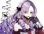  black_gloves commentary drill_hair fangs gloves hair_ribbon headband hyakumantenbara_salome hyakumantenbara_salome_(1st_costume) long_hair mask mia_(fai1510) mouth_mask neck_tattoo nijisanji off_shoulder purple_hair purple_headband red_eyes ribbon smile symbol-only_commentary tattoo vampire_(vocaloid) virtual_youtuber 