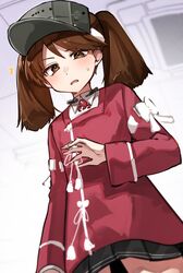  1girl black_skirt brown_eyes brown_hair ceiling commentary_request cowboy_shot from_below highres japanese_clothes kantai_collection kariginu katsuobushi_(eba_games) long_hair looking_at_viewer magatama pleated_skirt red_shirt ryuujou_(kancolle) shirt skirt solo twintails visor_cap 